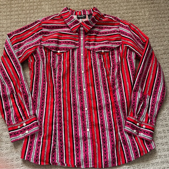Wrangler Retro Womens Size L Red Long Sleeve Aztec Pearl Snap Top - Picture 1 of 7